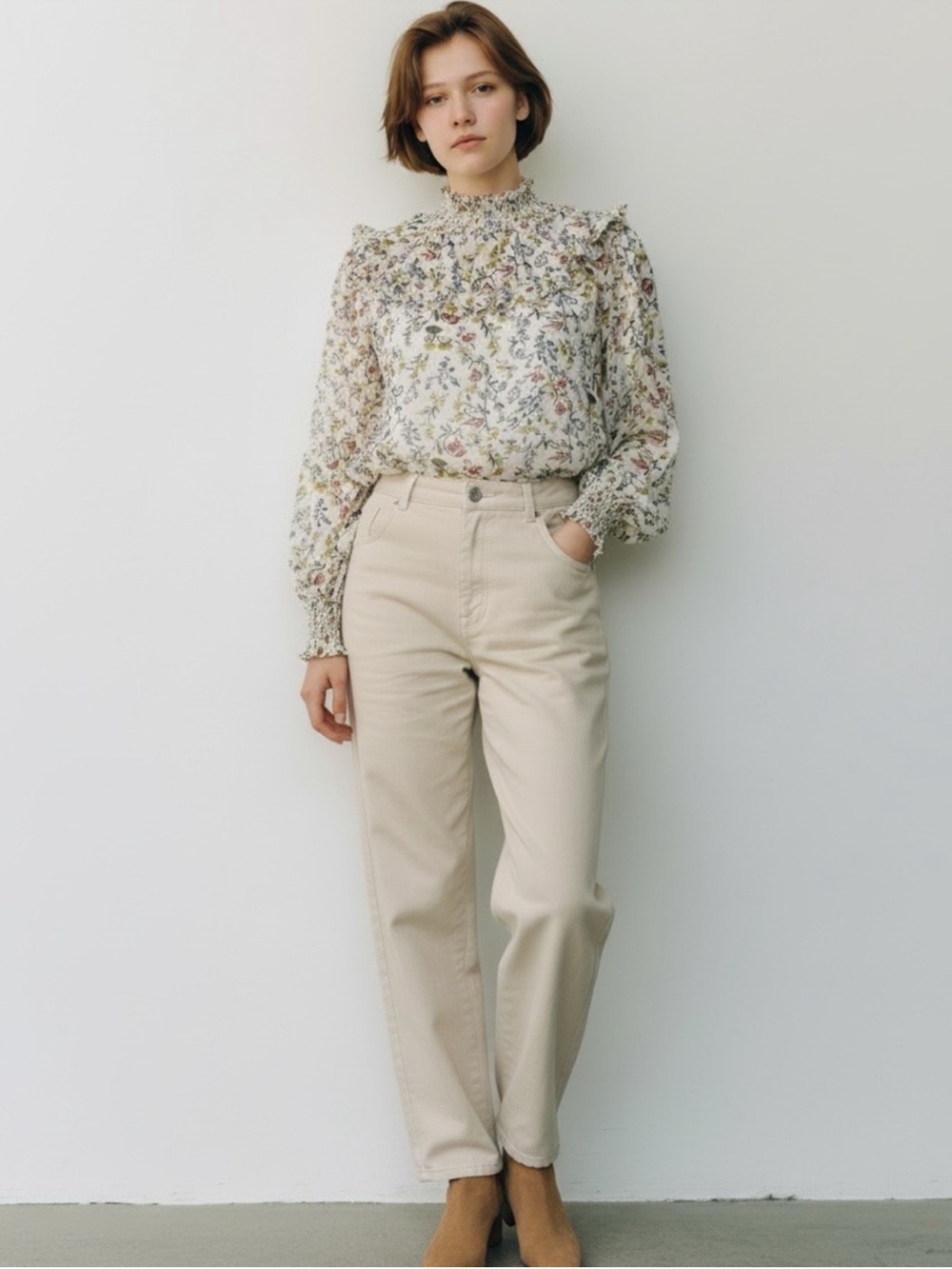 Revamped high collar floral long sleeve whimsical modest feminine top large